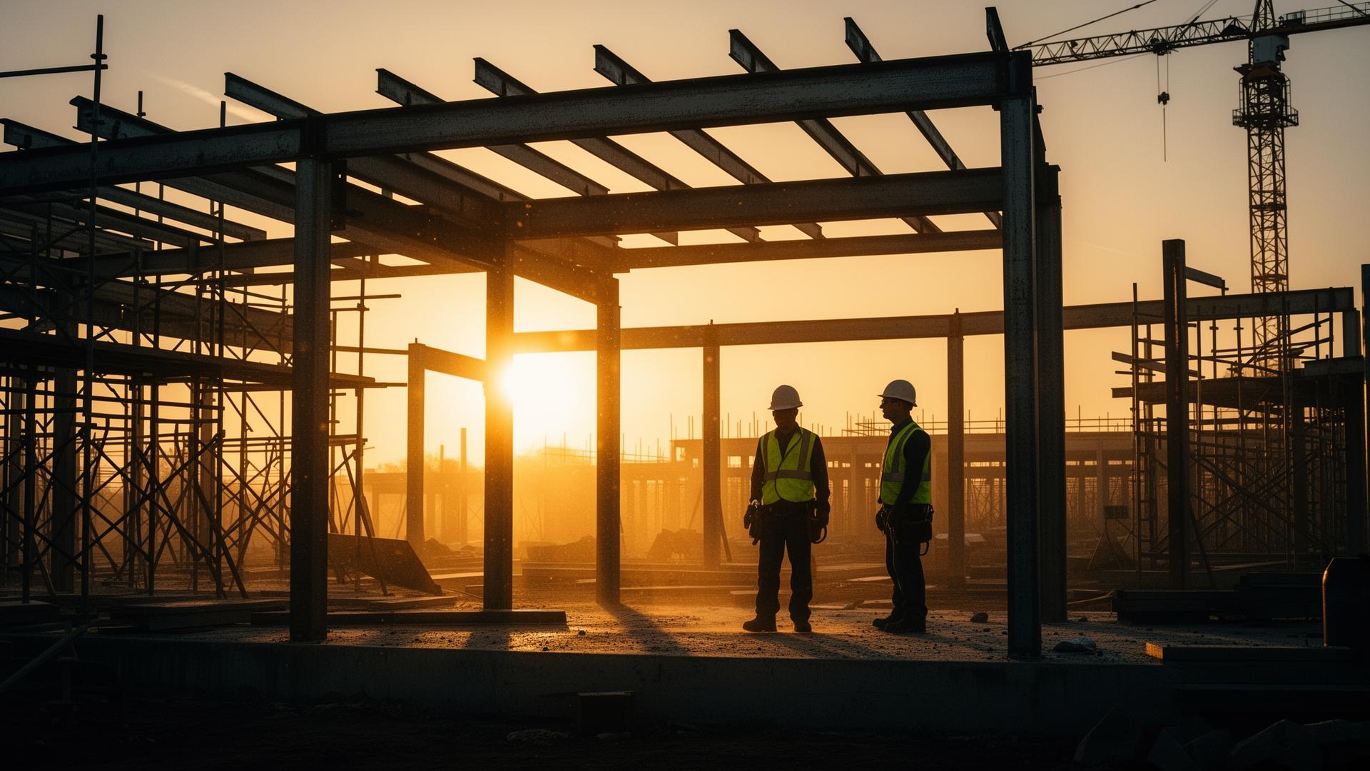 Steel framework of a building under construction at golden hour